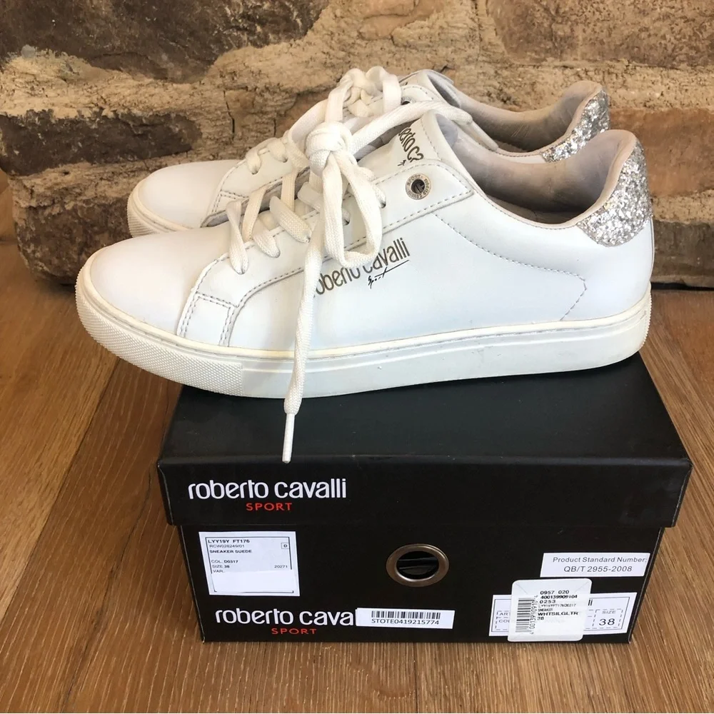 🔥Roberto Cavalli Sport WHITE glitter heel low top sneakers sz7.5 price firm